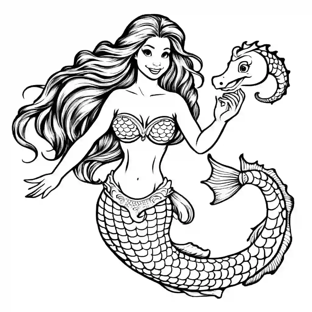 Mermaid with a Seahorse coloring pages